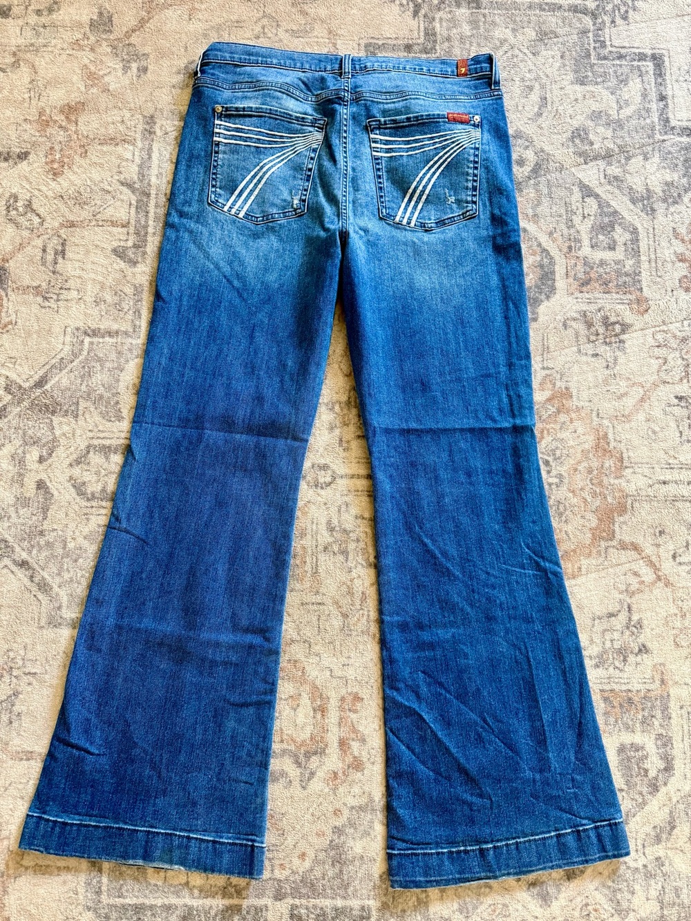 7 For All Mankind Dojo Blue Flare Jeans with Signature Back Stitching